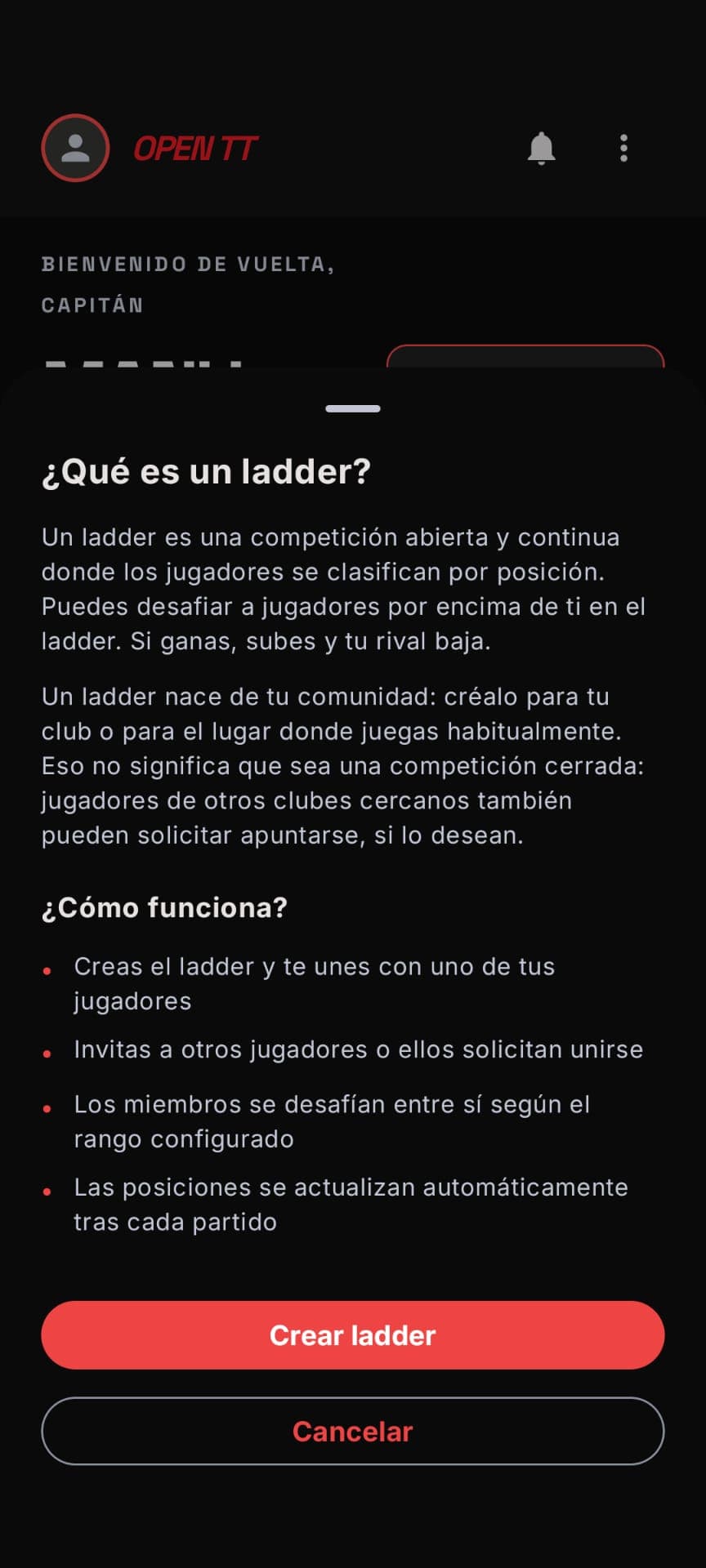 Antes de empezar, Open TT te explica el juego: un ladder es una clasificación viva donde retas a quien está por encima de ti y, si ganas, subes. Créalo para tu club o tu lugar de juego habitual y deja que se sumen jugadores de la zona.