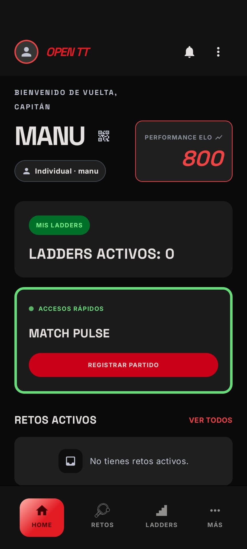 Pantalla de inicio de la app Open TT
