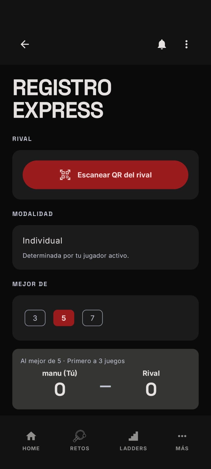 ¿Acabáis de jugar, en un amistoso o en competición oficial? Escanea el QR de tu rival, elige el formato (al mejor de 3, 5 o 7) y anota el resultado. Sin papeleo, sin fricción: en segundos queda registrado.