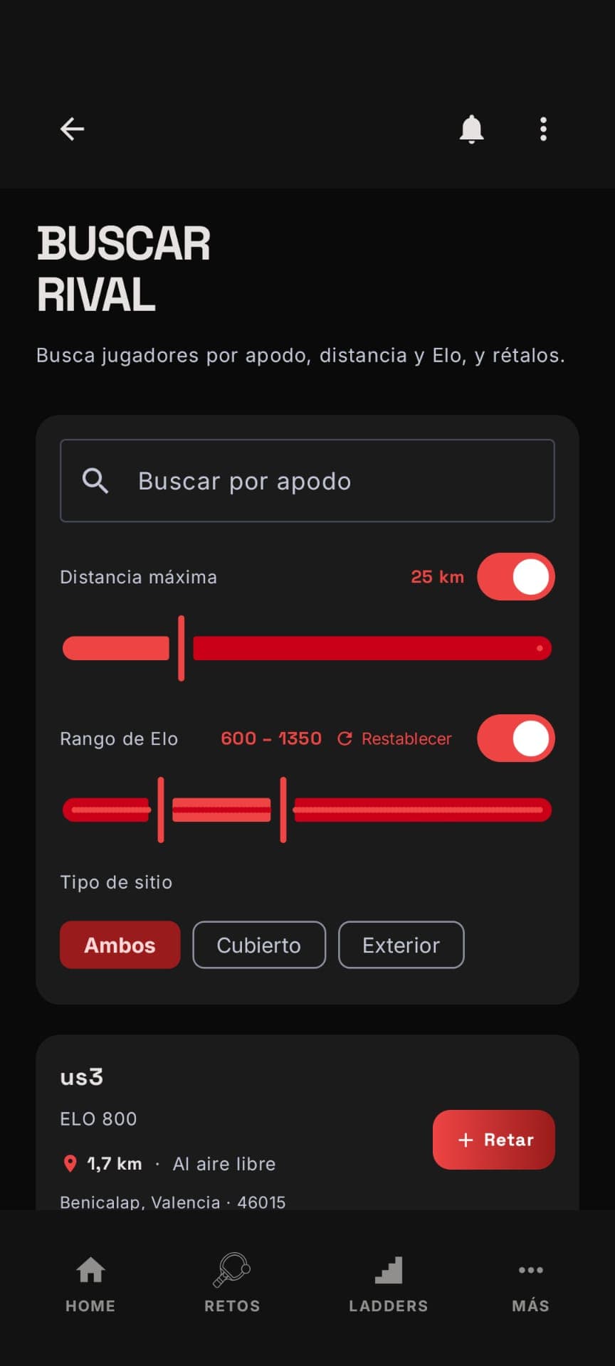 Filtra jugadores por apodo, distancia, rango de Elo y tipo de pista (cubierta o al aire libre). Encuentra un contrincante a tu nivel a pocos kilómetros y lánzale un reto con un toque.