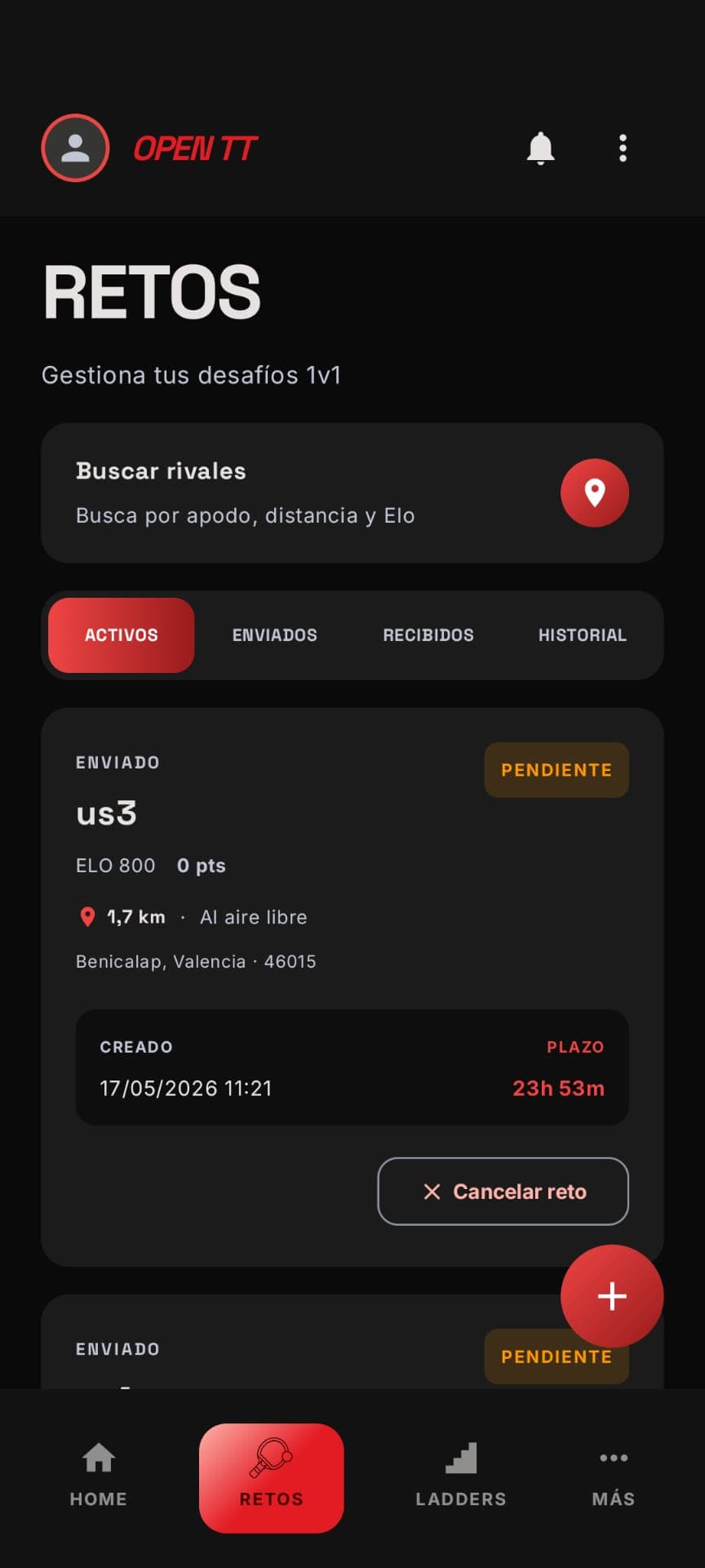 Activos, enviados, recibidos e historial: organiza tus desafíos por pestañas, con plazos claros y la opción de cancelar mientras siguen pendientes.