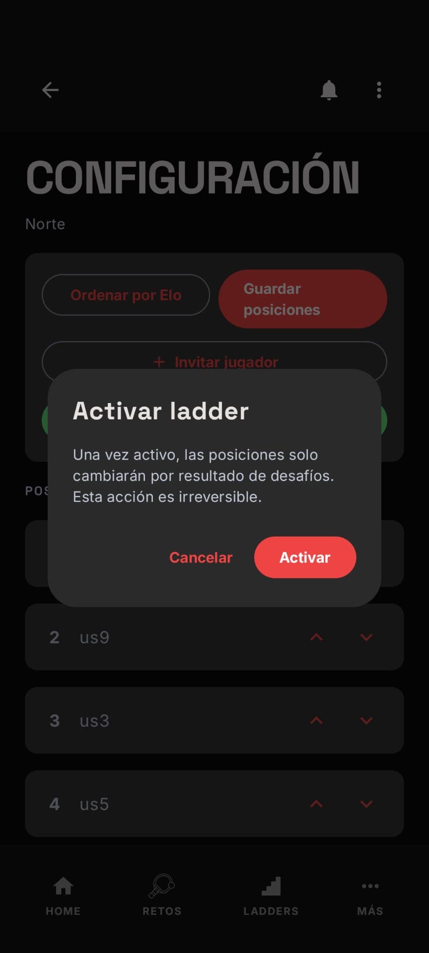 Como organizador, ordenas las posiciones de partida (manualmente o por Elo) y activas el ladder. A partir de ahí, solo los resultados de los desafíos mueven la escalera.