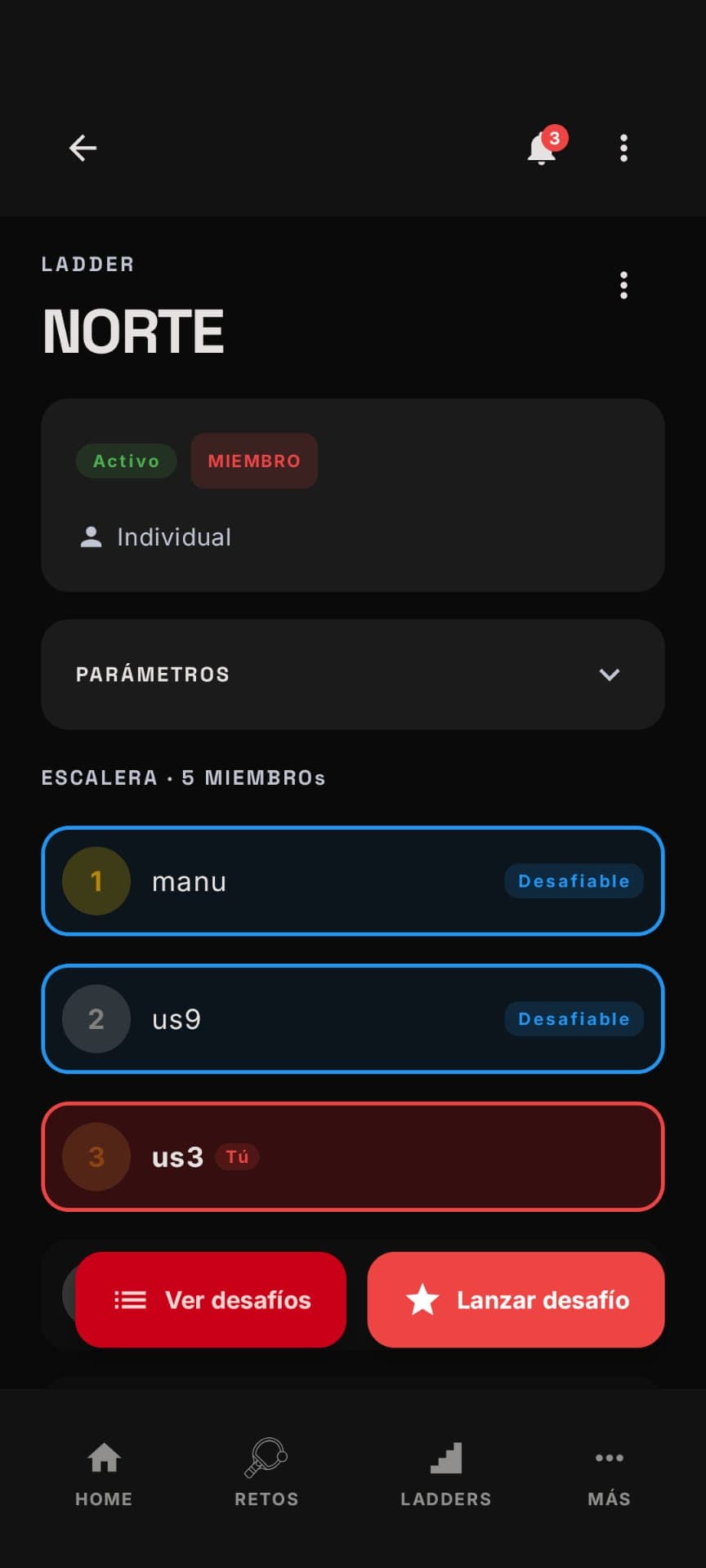 Visualiza la escalera completa con tu posición resaltada y a quién puedes desafiar según el rango configurado. Lanzar un desafío está a un solo botón.