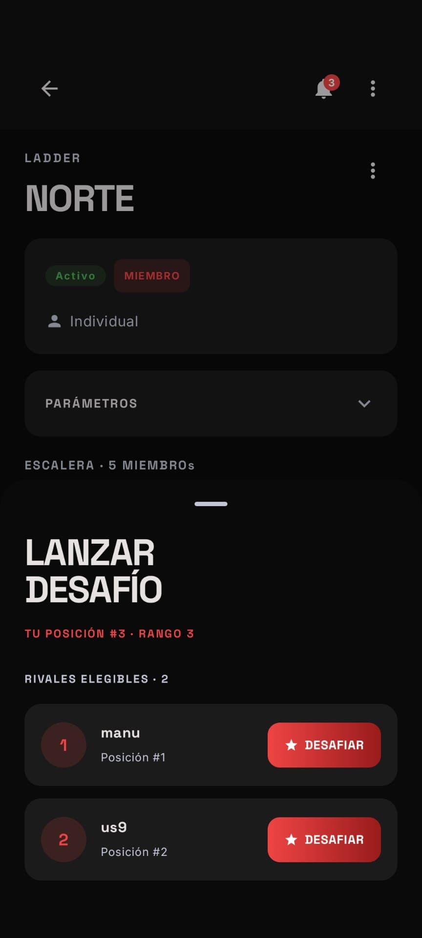 La app te muestra solo los rivales elegibles según tu posición y el rango del ladder. Reta a quien está por encima y ve a por su puesto.