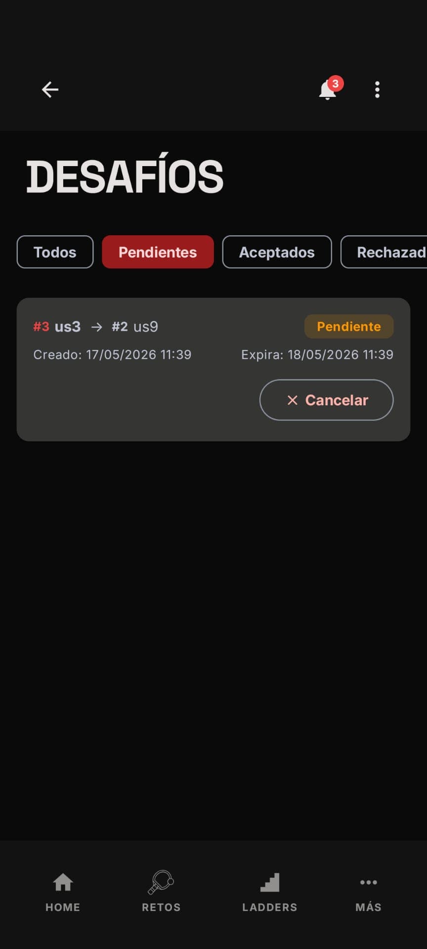 Los desafíos del ladder muestran origen, destino y fecha de expiración. Si te arrepientes, puedes cancelar mientras siga pendiente.