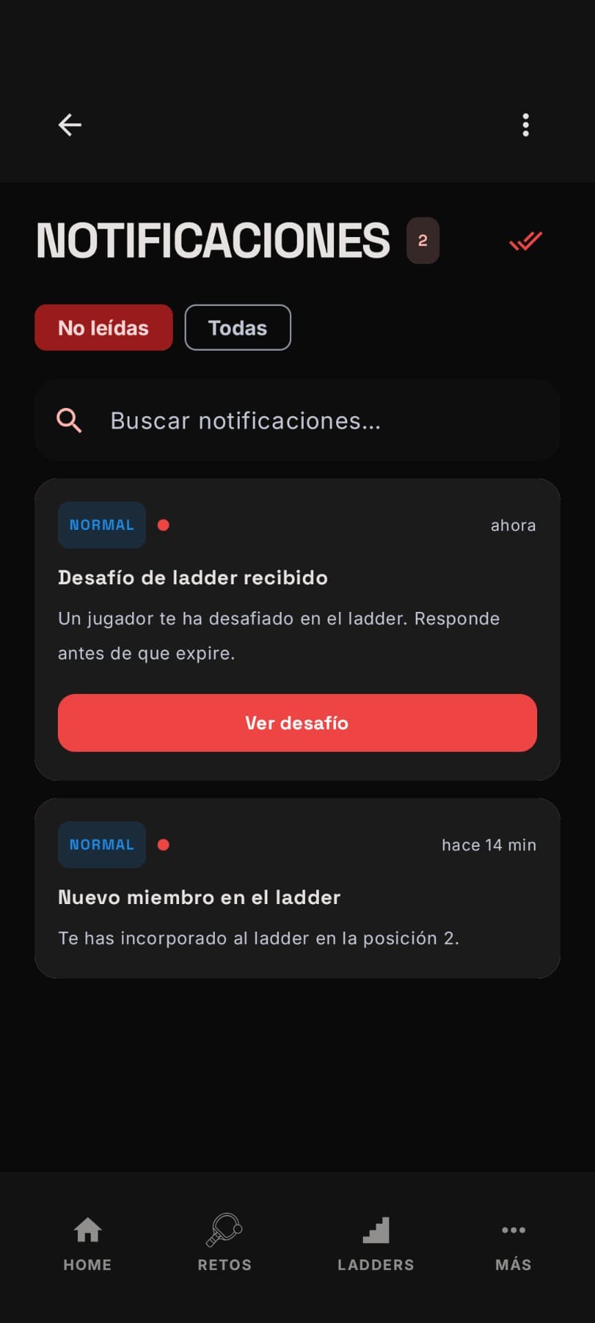 Notificaciones claras y accionables: te avisan de un nuevo desafío de ladder o de un cambio de posición, con un botón directo para responder.