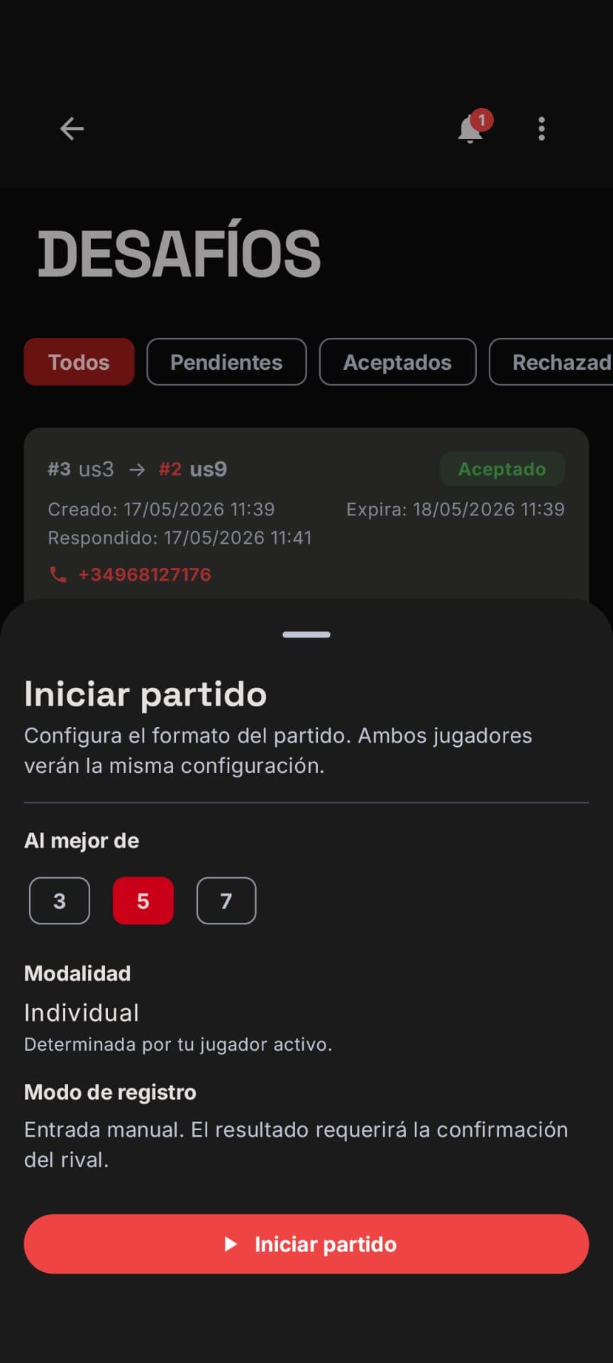Antes de empezar defines el formato del partido. Los dos jugadores comparten la misma configuración, y el resultado requerirá la confirmación del rival para ser oficial.