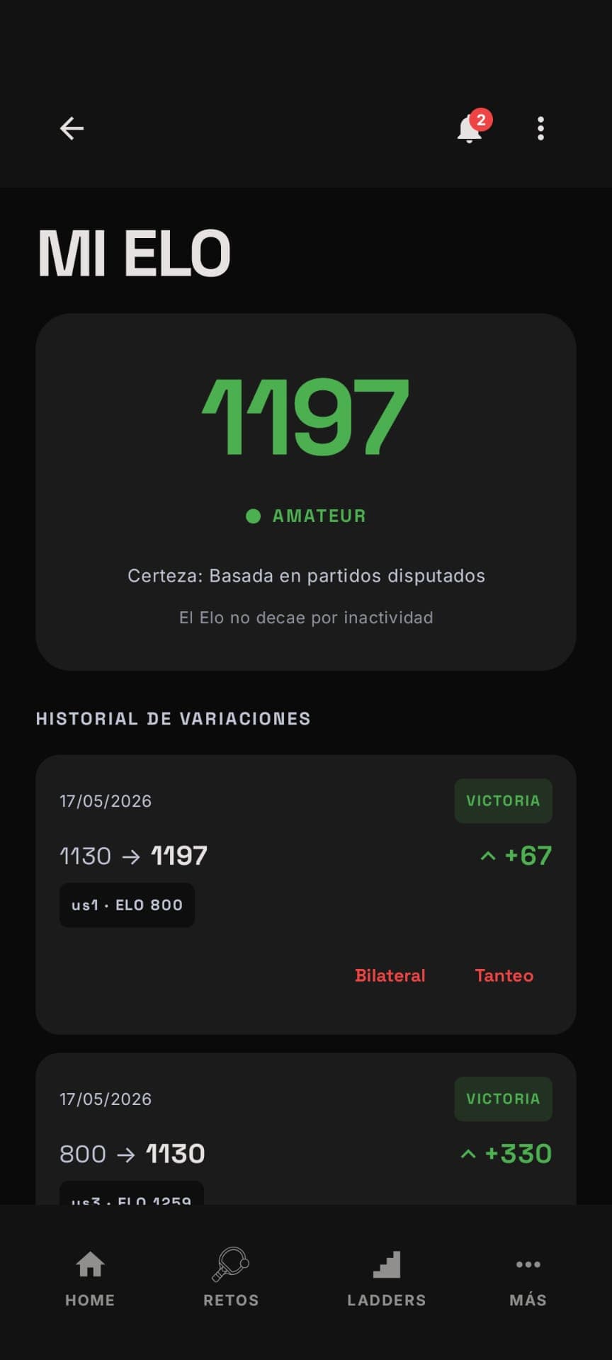 Tu Elo evoluciona con cada resultado, con un historial detallado de variaciones, rivales y categoría. No decae por inactividad: tu progreso es tuyo.